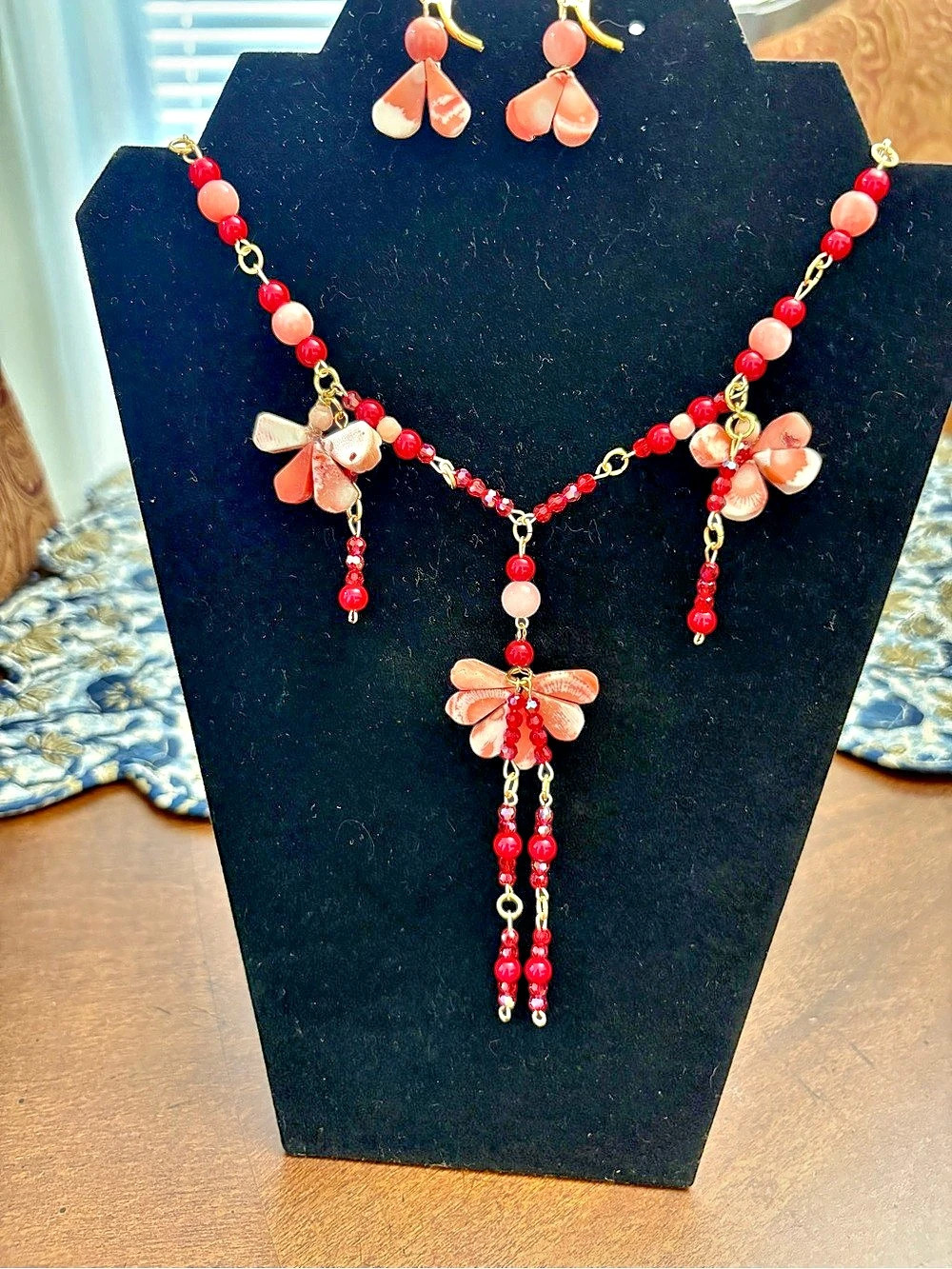 Beaded Butterfly Necklace & Earrings in Red & Pink coral
